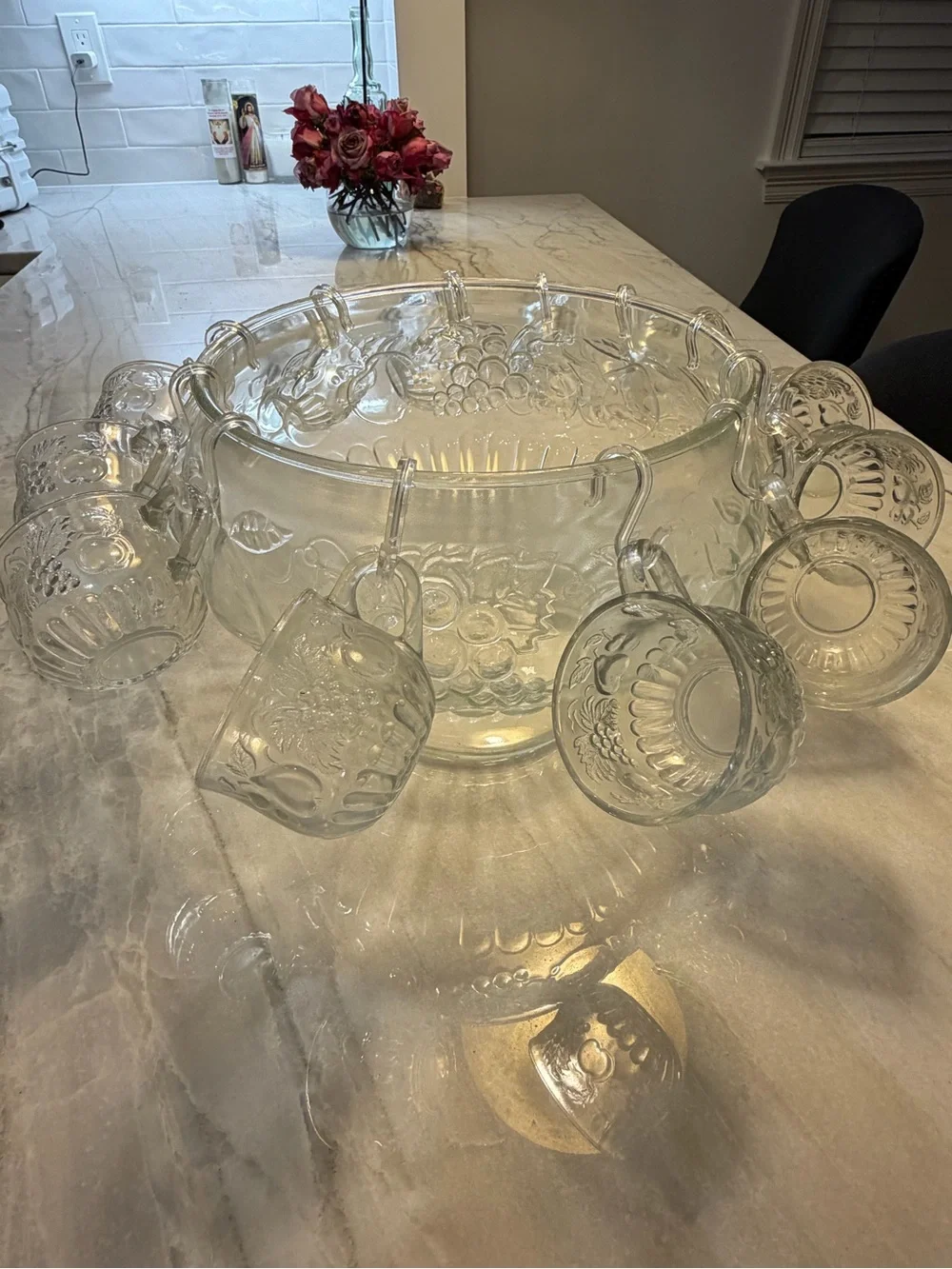 Vintage Clear Glass Punch Bowl Set with Hanging Cups